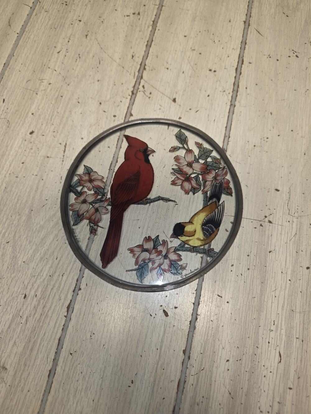 Vtg Glass Master Suncatcher Cardinal Couple Bird Red Yellow USA Made Cottagecore